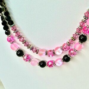 New pink Swarovski crystal /pink /black artisan double stranded necklace